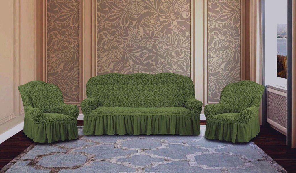 Турецький жакардовий чохол для 2-3-го місцевого дивана + 2 крісла Turkey № 8 Зелений Накидка на меблі від компанії KITOD - фото 1
