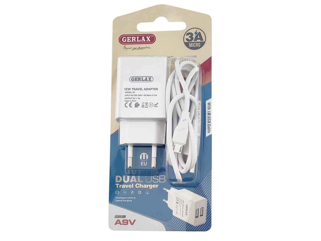 Мережевий зарядний пристрій microUSB A9V 3A-2USB 15w біле 1м блістер ТМ Gerlax від компанії Фортеця - фото 1