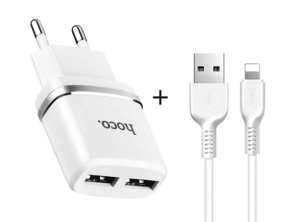 Мережевий зарядний пристрій та кабель Lightning «- C12 Smart» — 2 USB — 2.4A — (EU) White ТМ Hoco від компанії Фортеця - фото 1