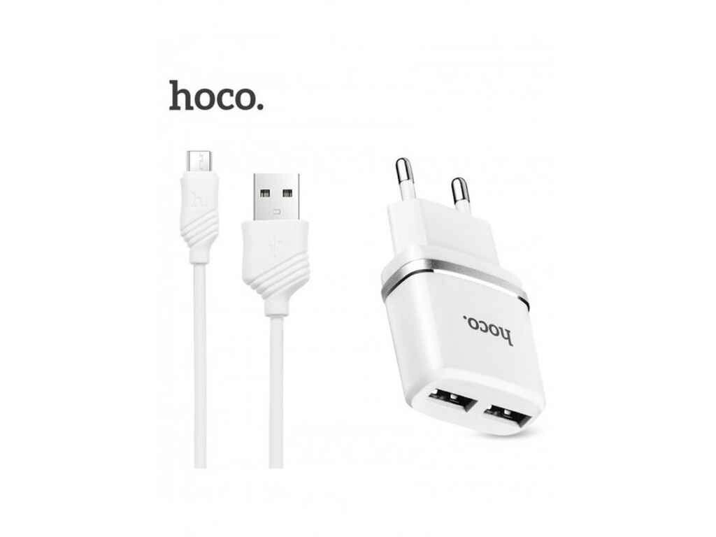 Мережевий зарядний пристрій та кабель Micro «- C12 Smart» — 2 USB — 2.4A — (EU) White ТМ Hoco від компанії Фортеця - фото 1