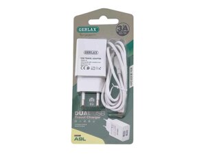 Мережевий зарядний пристрій iPhone Lightning A9L 3A-2USB 15w біле 1м блістер ТМ Gerlax