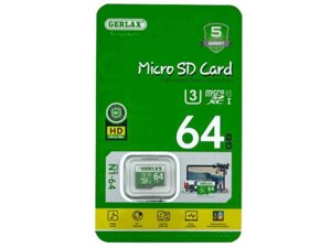 Карта памяті 64Gb Micro SD (10) (-adapter) (гарантія 1 рік) UHS-I/U3 ТМ Gerlax