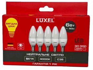 Лампа світлодіодна 6W E14 4000K C35 (045-NE) 5шт ТМ LUXEL