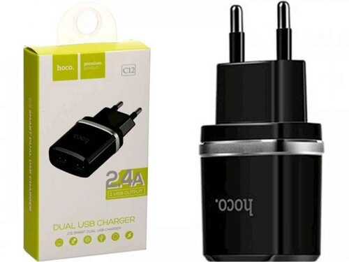 Мережевий зарядний пристрій та кабель Lightning «C12 Smart»2 USB — 2.4A —EU) Black ТМ Hoco