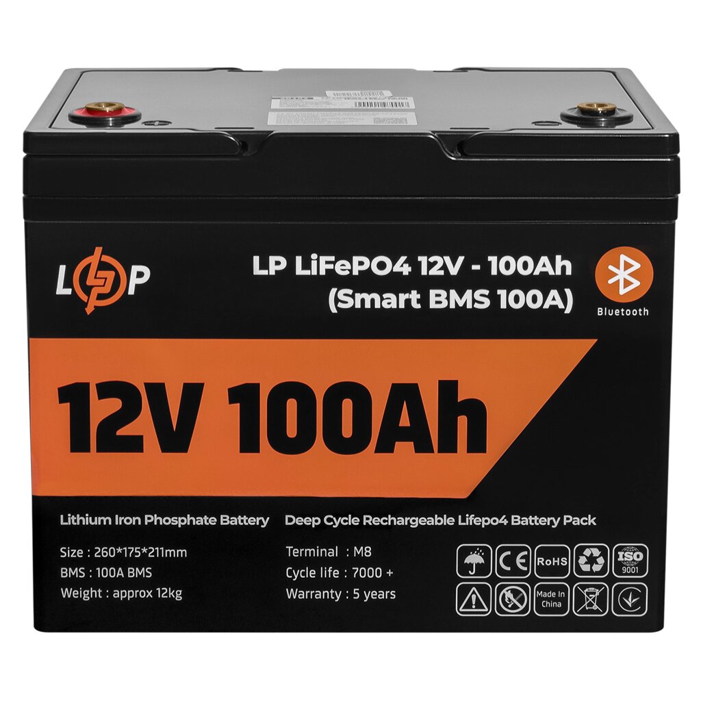 Акумулятор LP LiFePO4 12V (12,8V) - 100 Ah (1280Wh) (Smart BMS 100А) з BT пластик для ДБЖ від компанії Price Killer - фото 1