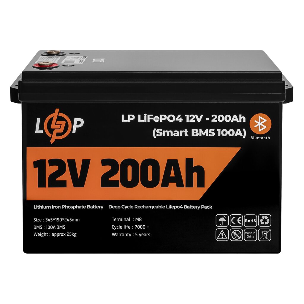 Акумулятор LP LiFePO4 12V (12,8V) - 200 Ah (2560Wh) (Smart BMS 100А) з BT пластик для ДБЖ від компанії Price Killer - фото 1