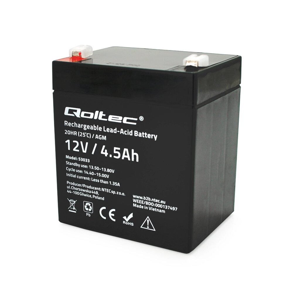 Акумуляторна батарея AGM Qoltec QLT1245B, Black Case, 12V 4.5Ah  ( 90 х 70 х 101 (107) ) Q10 від компанії Price Killer - фото 1