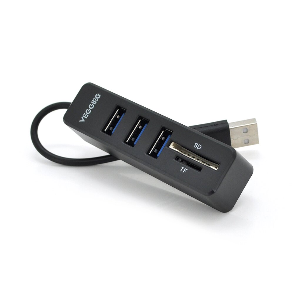 Хаб-кардрідер універсальний VEGGIEG V-C303, USB2.0 5in1 card reader （SD+TF+3*USB), Black, Blister-Box від компанії Price Killer - фото 1