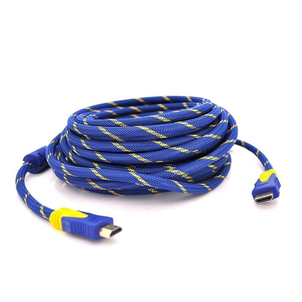 Кабель HDMI-HDMI 15m, v1.4, OD-8.0mm, 2 фільтра, обплетка, круглий Blue/Gold, коннектор Blue/Gold, (Пакет) Q33 від компанії Price Killer - фото 1