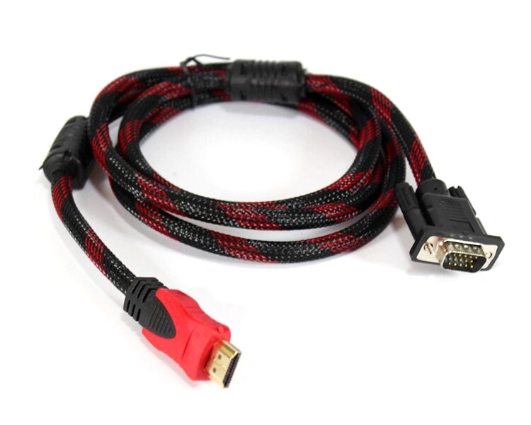 Кабель HDMI (тато)-VGA (тато) 1,5м, 1 ферит, обплетення, круглий Black/RED, Пакет (працює тільки з конвертором), Q150 від компанії Price Killer - фото 1