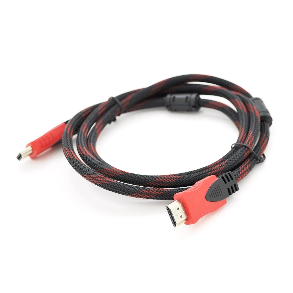 Кабель Merlion HDMI-HDMI 1,5m, v1.4, OD-7.4mm, 2 фільтра, обплетка, круглий Black/RED, коннектор RED/Black, ( Пакет ) Q200 від компанії Price Killer - фото 1