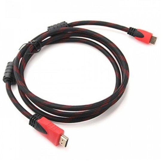 Кабель Merlion HDMI-HDMI 2.0m, v1.4, OD-7.4mm, 2 фільтра, обплетка, круглий Black/RED, коннектор RED/Black, ( Пакет ), Q200 від компанії Price Killer - фото 1