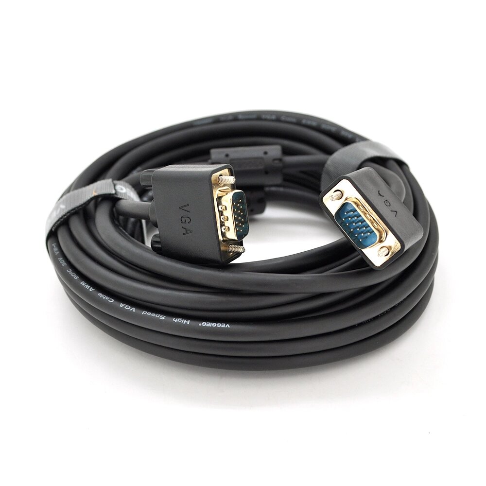 Кабель VEGGIEG VG-5 VGA 3+6, 5,0m, male to male ( тато-тато ), OD-6.5mm, 1 феррит, круглий Black, коннектор Gold, Пакет від компанії Price Killer - фото 1