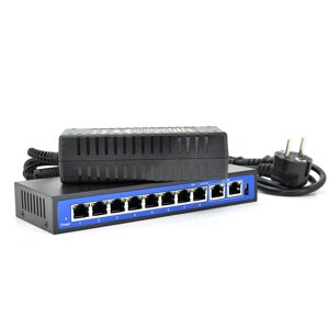 Комутатор POE 48V з 8 портами POE 100Мбіт + 2 порт Ethernet (UP-Link) 100Мбіт, корпус - метал, Black, БП в комплекті,
