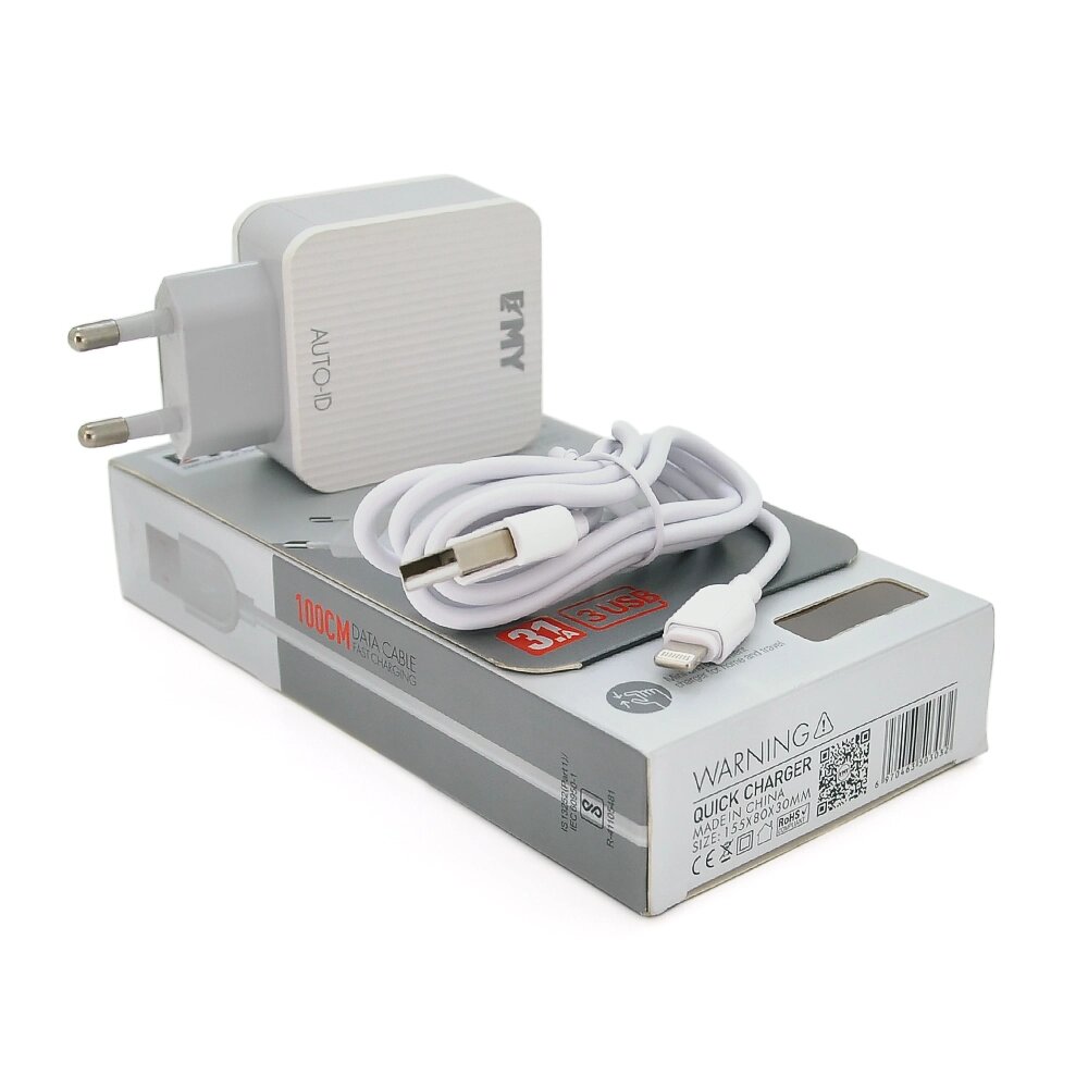 Набір 2 в 1 СЗУ With Iphone Cable 110-240V MY-A303, 3 x USB, 5V/15W, Output: 5V/3.1A, White, Blister- box, Q25 від компанії Price Killer - фото 1