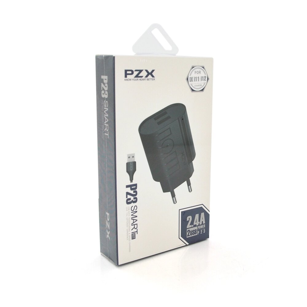 Набір 2 в 1 СЗУ With iPhone Cable 110-240V PZX P23, 2xUSB, 2,4A, Black, Blister-box від компанії Price Killer - фото 1