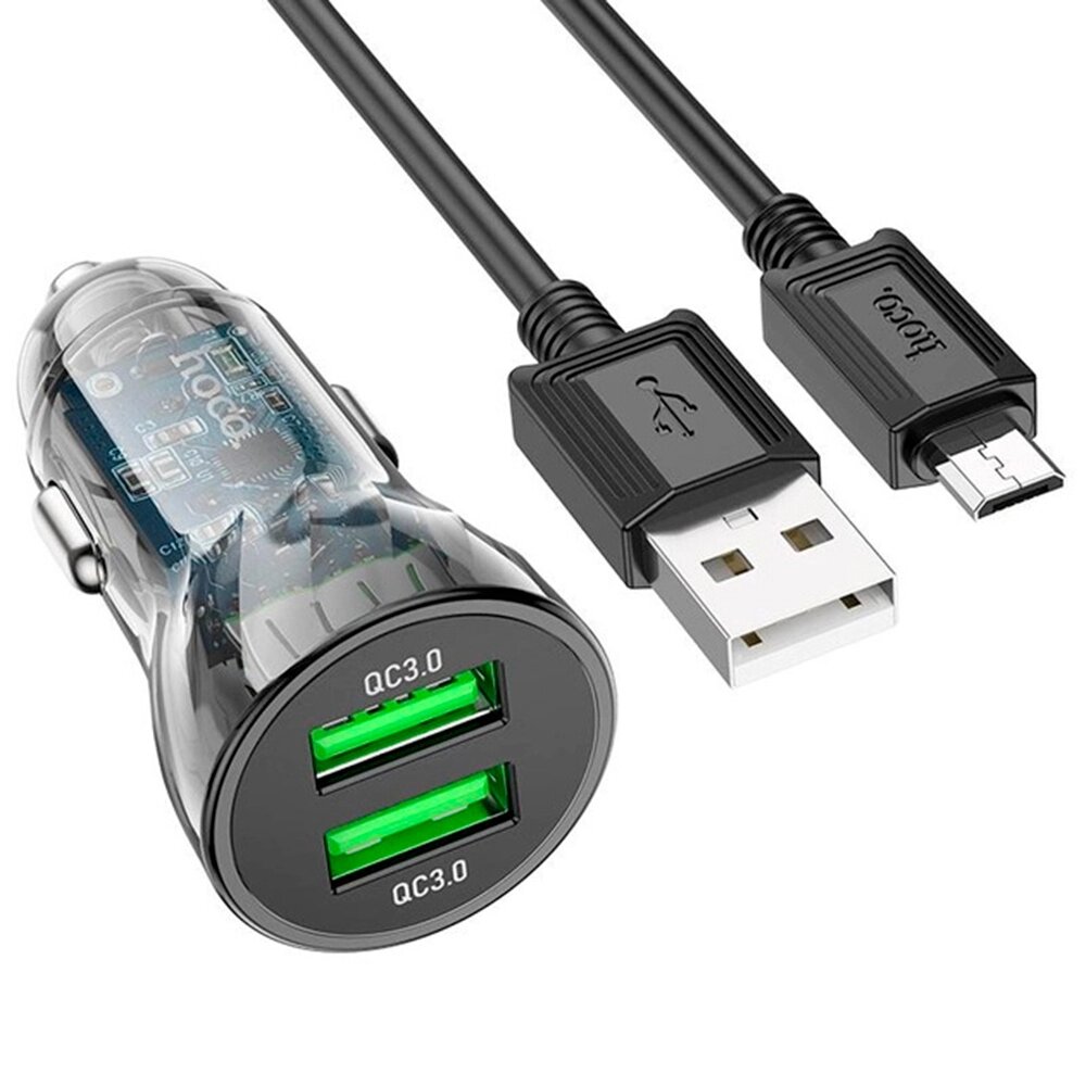 Набір АЗУ 12-24V HOCO Z47+ кабель Micro, 2xUSB 3.0, 2.4A, кабель 1м, Black, Box від компанії Price Killer - фото 1