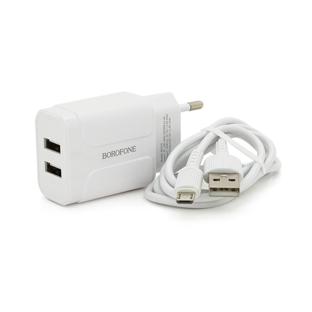 Набір BOROFONE BA37A СЗУ 2xUSB+ кабель Micro, 2.4A, 1м, White, Box від компанії Price Killer - фото 1