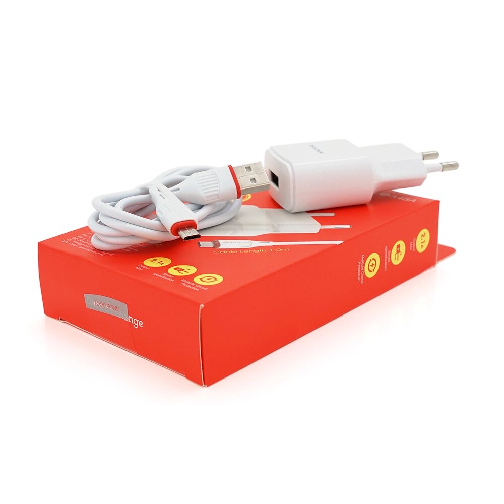 Набір BOROFONE BA48A СЗУ 1xUSB+ кабель Micro, 2.1A, 1м, White, Box від компанії Price Killer - фото 1