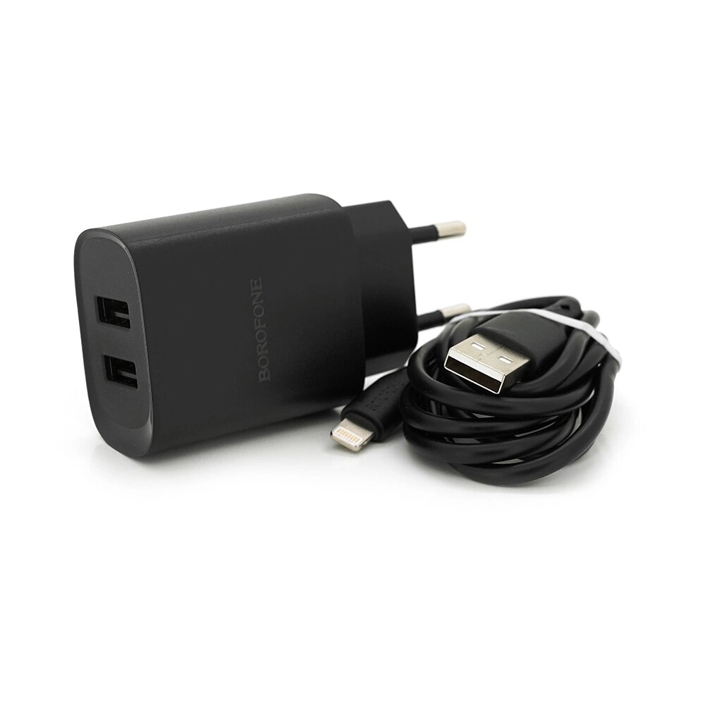 Набір BOROFONE BN2 СЗУ 2xUSB+ кабель Lighting, 2.1A, 1м, Black, Box від компанії Price Killer - фото 1