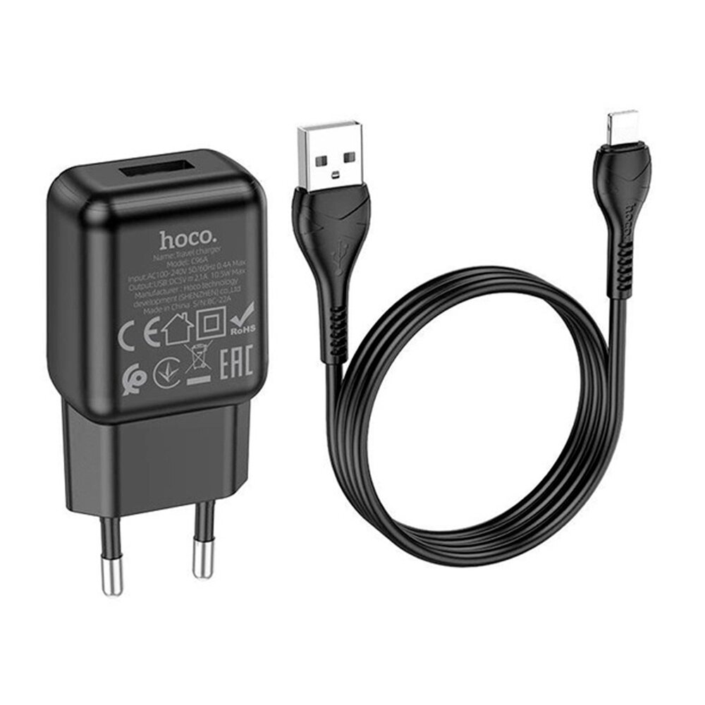 Набір СЗУ 110-240V HOCO C96A+ кабель Lighting, 1xUSB, 2.1A, кабель 1м, Black, Blister від компанії Price Killer - фото 1