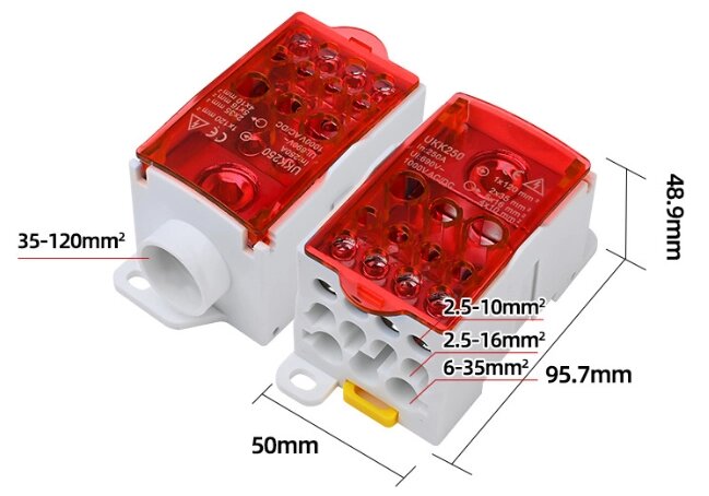 Паралельний розгалужувач-спліттер проводів UKK250, 11 виходів (латунь) 2х35мм²+5х16мм²+4х10мм², вхід 1х120мм², AC/DC від компанії Price Killer - фото 1