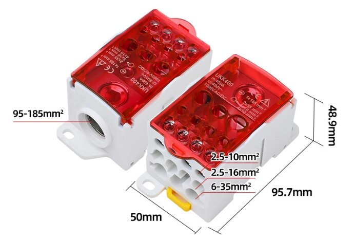 Паралельний розгалужувач-спліттер проводів UKK400, 11 виходів (латунь) 2х35мм²+5х16мм²+4х10мм², вхід 1х185мм², AC/DC від компанії Price Killer - фото 1