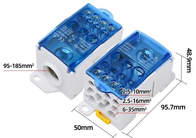 Паралельний розгалужувач-спліттер проводів UKK400, 11 виходів (латунь) 2х35мм²+5х16мм²+4х10мм², вхід 1х185мм², AC/DC від компанії Price Killer - фото 1