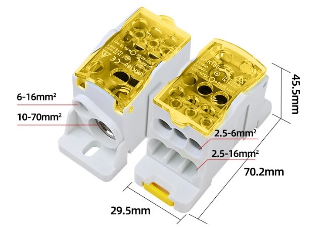 Паралельний розгалужувач-спліттер UKK160, 6 виходів (латунь) 6х16мм², вхід 1х70мм² + 1х16мм², AC/DC 1000V, 160А, від компанії Price Killer - фото 1