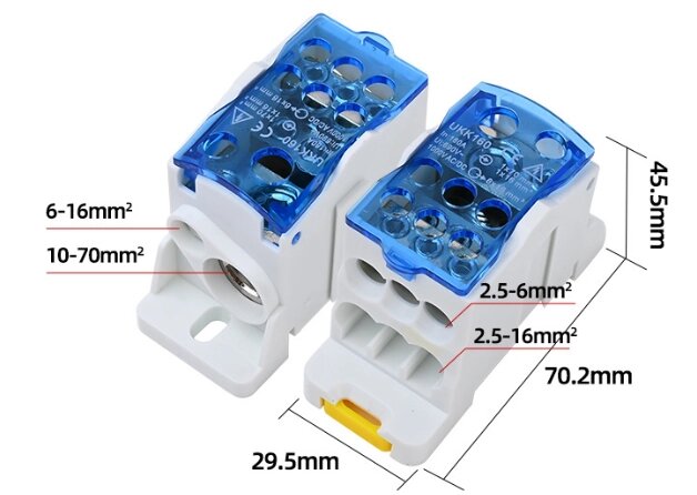 Паралельний розгалужувач-спліттер UKK160, 6 виходів (латунь) 6х16мм², вхід 1х70мм² + 1х16мм², AC/DC 1000V, 160А, від компанії Price Killer - фото 1