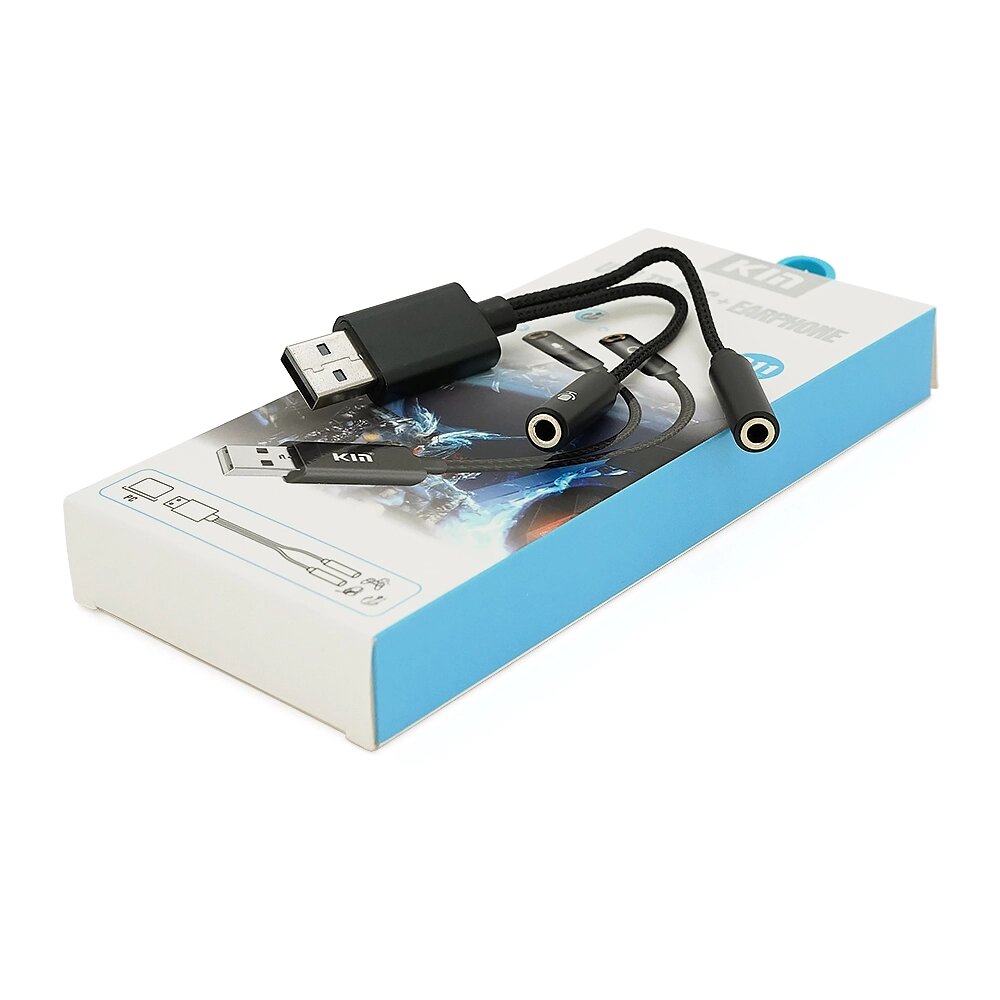 Перехідник для навушників і мікрофона KIN KY-211 USB2.0(M)-2/Jack3.5(F), Black, Box від компанії Price Killer - фото 1