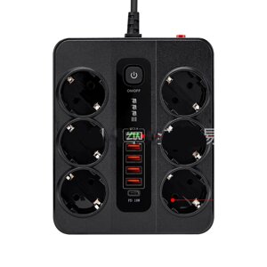 Мережевий фільтр BLK-11, 6 Розеток + 4*USB+ QC3.0+ PD18W, 2 м, перетин 3х0,75мм, Black, Box