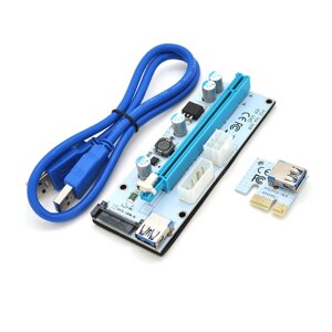 Riser PCI-EX, x1=>x16, 4-pin/6-pin/Sata, USB 3.0 AM-AM 0,6 м ( синій ), конденсатори 270, White, Пакет