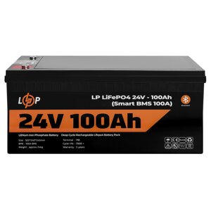 Акумулятор LP LiFePO4 24V (25,6V) - 100 Ah (2560Wh) (Smart BMS 100А) з BT пластик для ДБЖ