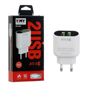 Набір 2 в 1 СЗУ With Iphone Cable 110-240V MY-A202, 2 x USB, 5V/12W, Output: 5V/2.4A, White, Blister- box, Q25