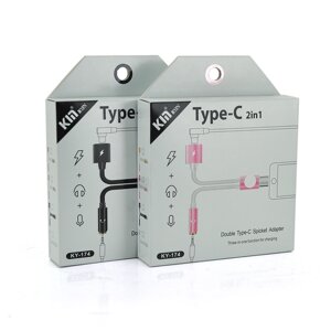 Перехідник 2 в 1 KY-174 Type-C (M) =>Type-C (F) + Jack 3.5mm (F), 5 см, White/Pink, Box