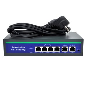 Комутатор POE 48V з 4 портами POE 100Мбіт + 2 порт Ethernet (UP-Link) 100Мбіт, корпус - метал, Black, БП вcтроенний,