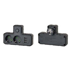 Розетка трійник Т-подібний із заземленням F302-Black, 2 розетки+3USB (1А), 2500W, 10A, 110-250V~Max, Blister