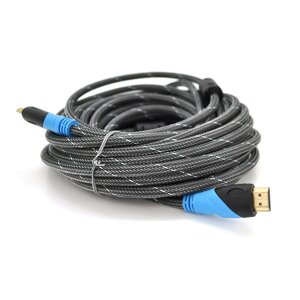 Кабель Merlion HDMI-HDMI 10m, v1.4, OD-7.4mm, 2 фільтра, обплетка, круглий Silver, коннектор Black/Blue, ( Пакет ) Q50