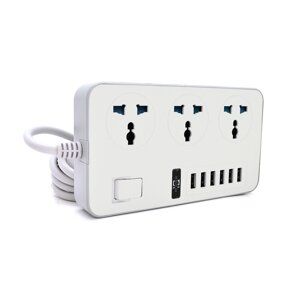 Мережевий фільтр ТВ-Т09, 3 розетки + 6 USB, 2 м, перетин 3х0,75мм, 3000W, White-grey, Box