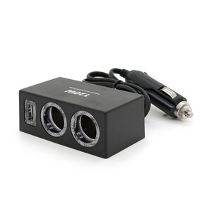 АЗУ разветвитель Olesson 1522, 12V-2*12V+USB, Black, Blister