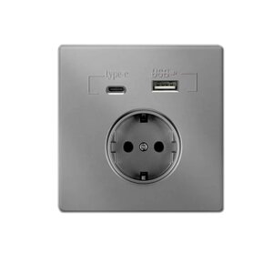 Розетка врізна з заземленням, Input: AC:110-250V/16A, Type-C / USB-виходи, Gray