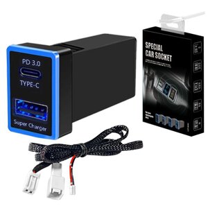 АЗУ врізне 60W-D01T03-С, PD+QC, Type-C: 30W, USB: 30W, LED підсвічування, комплект проводів з роз'ємами, 33x22х58mm, Black