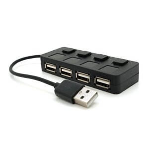 Хаб USB 2.0 4 порту, Black, 480Mbts харчування від USB, з кнопкою LED/Blue на кожен порт, Blister Q100