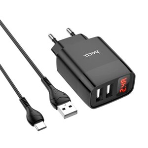 Набір СЗУ 110-240V HOCO C86A+ кабель Type-C, 2xUSB, 2.4A, кабель 1м, Black, Box