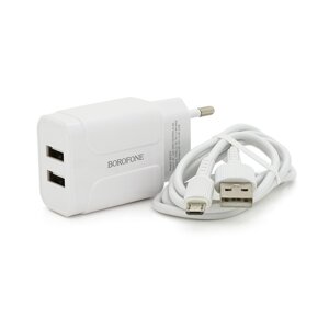 Набір BOROFONE BA37A СЗУ 2xUSB+ кабель Micro, 2.4A, 1м, White, Box