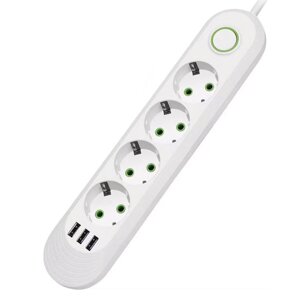 Мережевий фільтр F04U, 4 розетки EU + 3 USB, 1.5 м, перетин 3х0,75мм, 2500W, White, Box