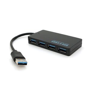 Хаб USB 3.0, 4 порту, плоский, чорний, підтримка до 2TB, кабель 0,14м, Блістер