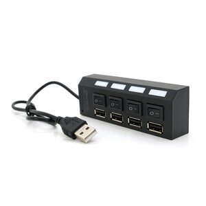 Хаб USB 2.0 4 порту з перемикачами на кожен порт, Black, 480Mbts High Speed, підтримка до 0,5ТВ, харчування від USB,