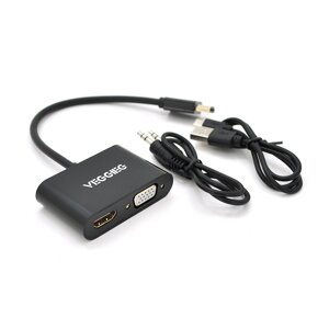 Конвертер VEGGIEG H-V500 HDMI ( тато ) на VGA ( мама ) + HDMI ( мама ), 25cm, Black, Пакет